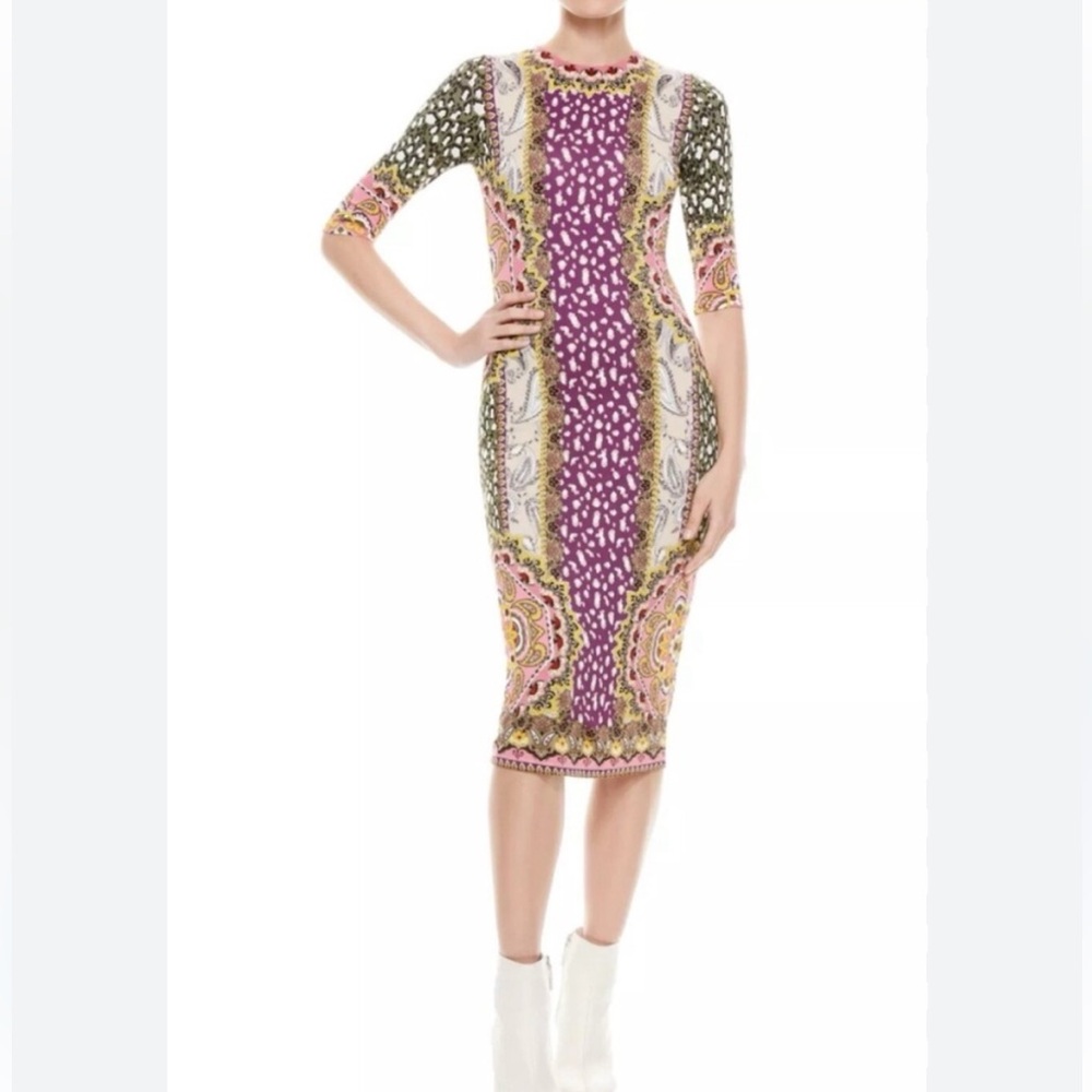 Alice + Olivia Purple, Pink and Olive Patterned Midi Dress
